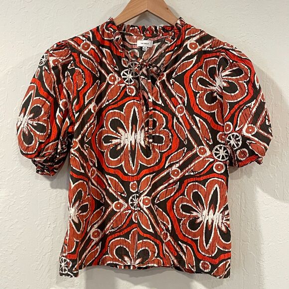 ~Rare The Odells Med Boho Top Vneck Tie Ruffle Short Balloon Sleeve Brown Rust - Picture 4 of 16